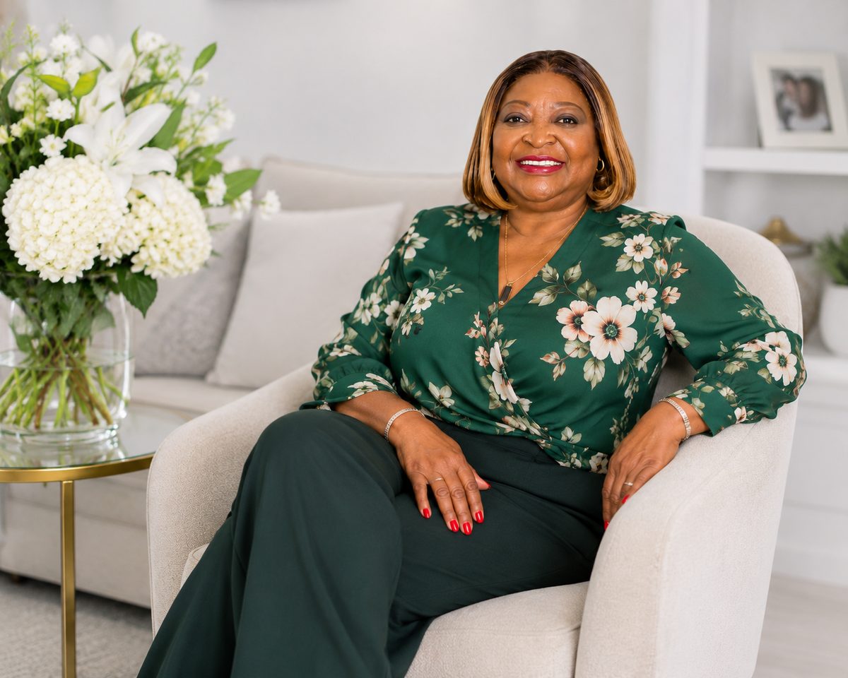 Charmaine A. Hickey, REALTOR® with Lang Realty, seated in a cream armchair wearing a green floral blouse